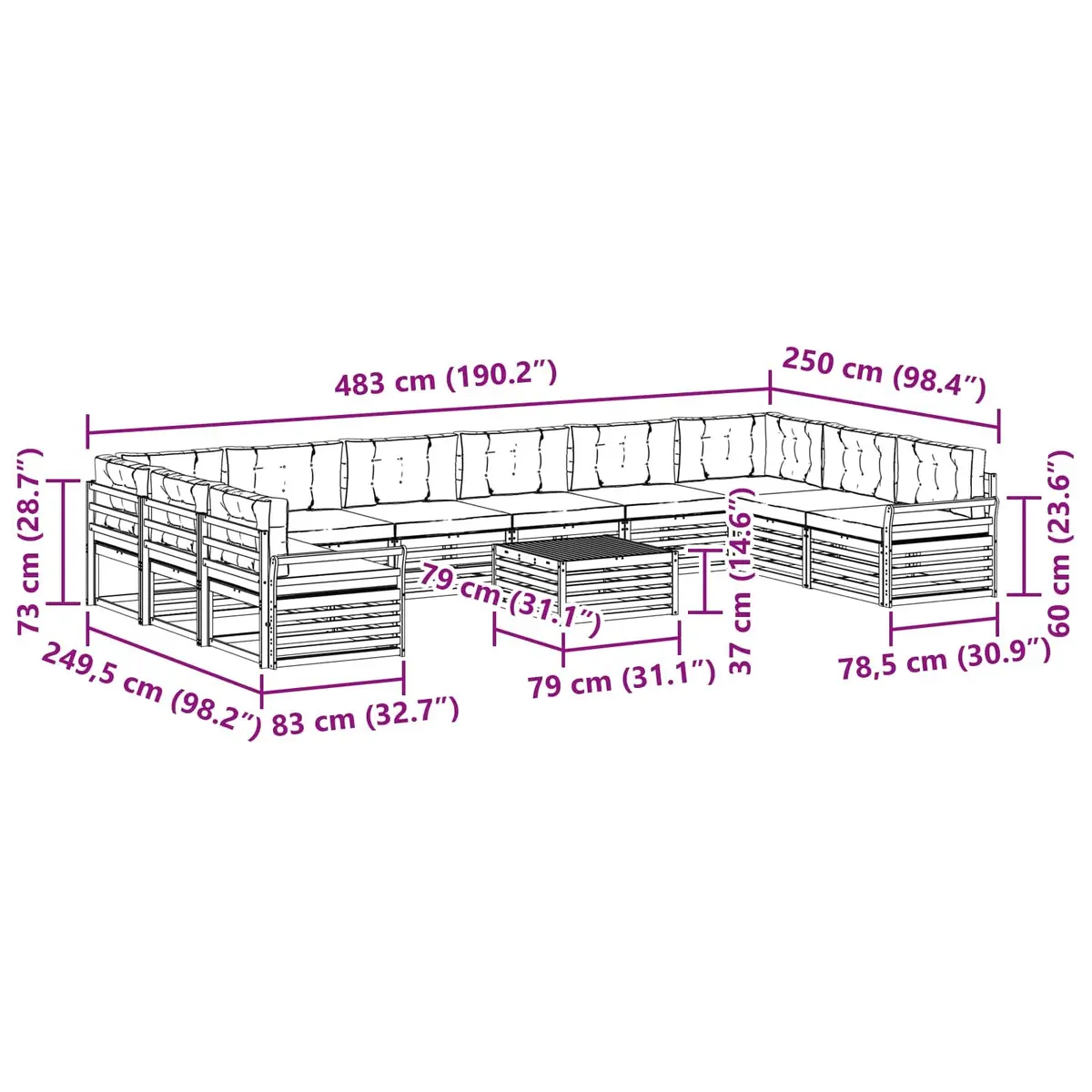 Solid Acacia Wood Outdoor Sofa Set 11 pcs