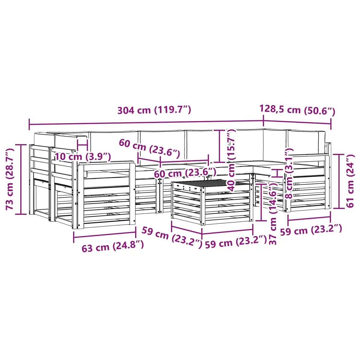 8 Piece Modular Outdoor Sofa Set Natural Anthracite Wood