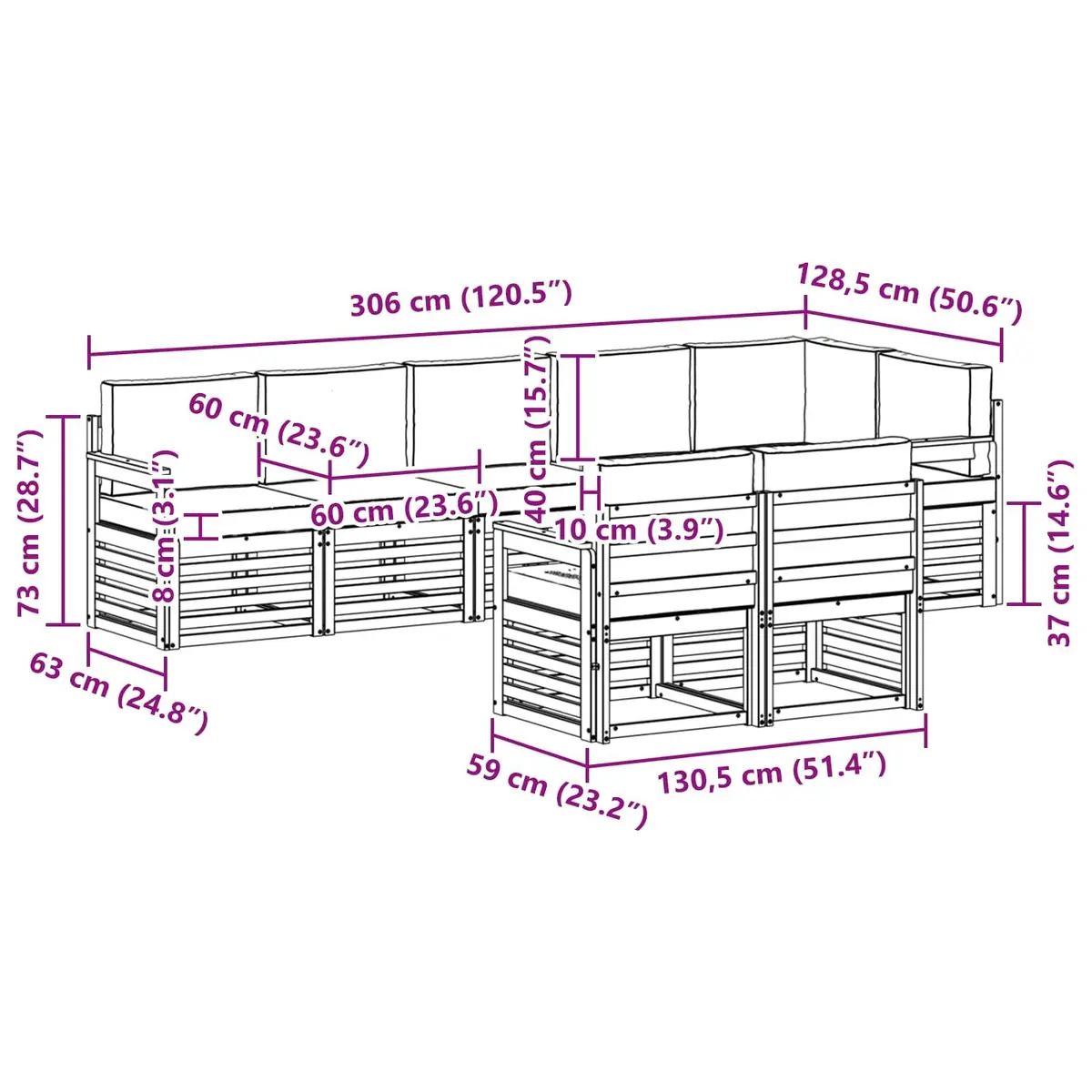 8-Piece Modular Garden Sofa Set in Natural Acacia