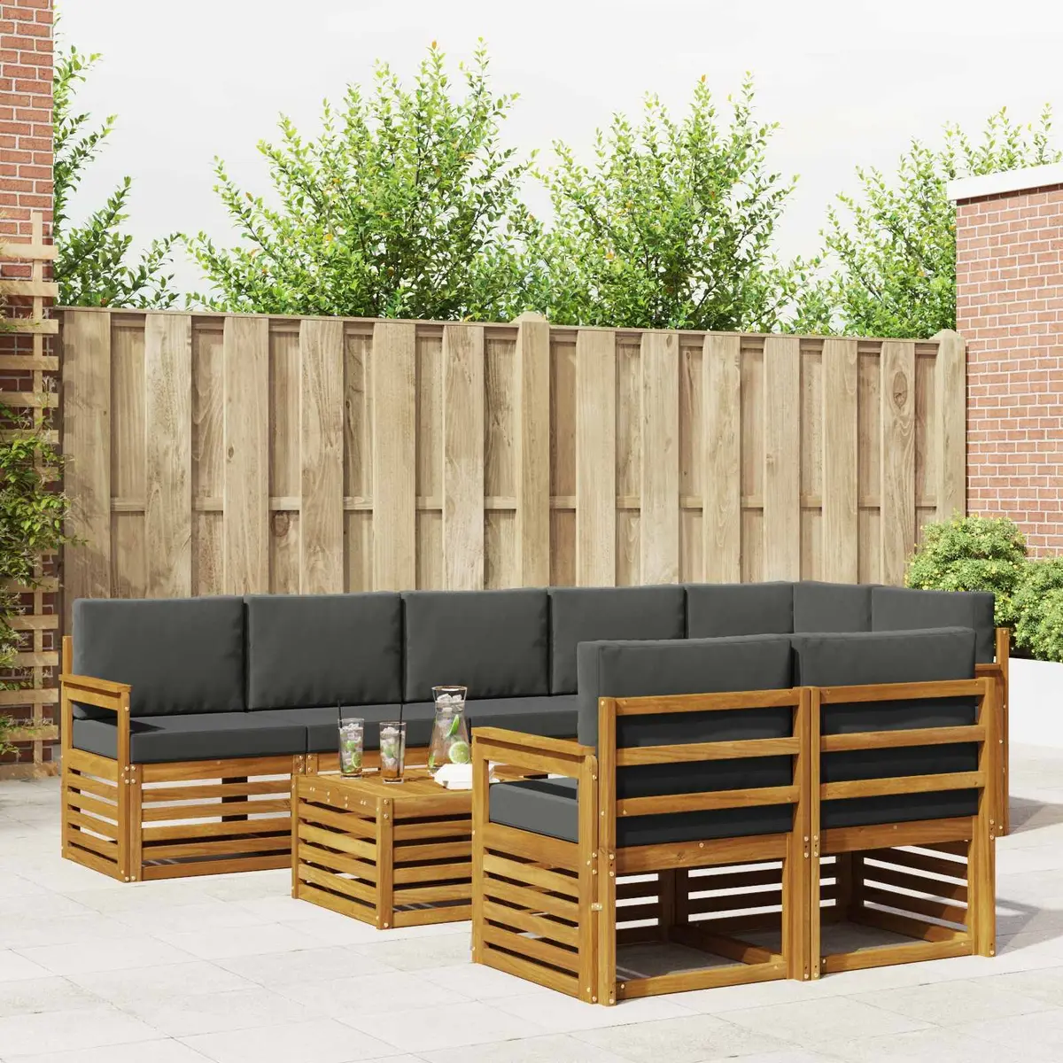 Modular Sectional Sofa Set Solid Acacia Wood 9 Piece Natural Anthracite