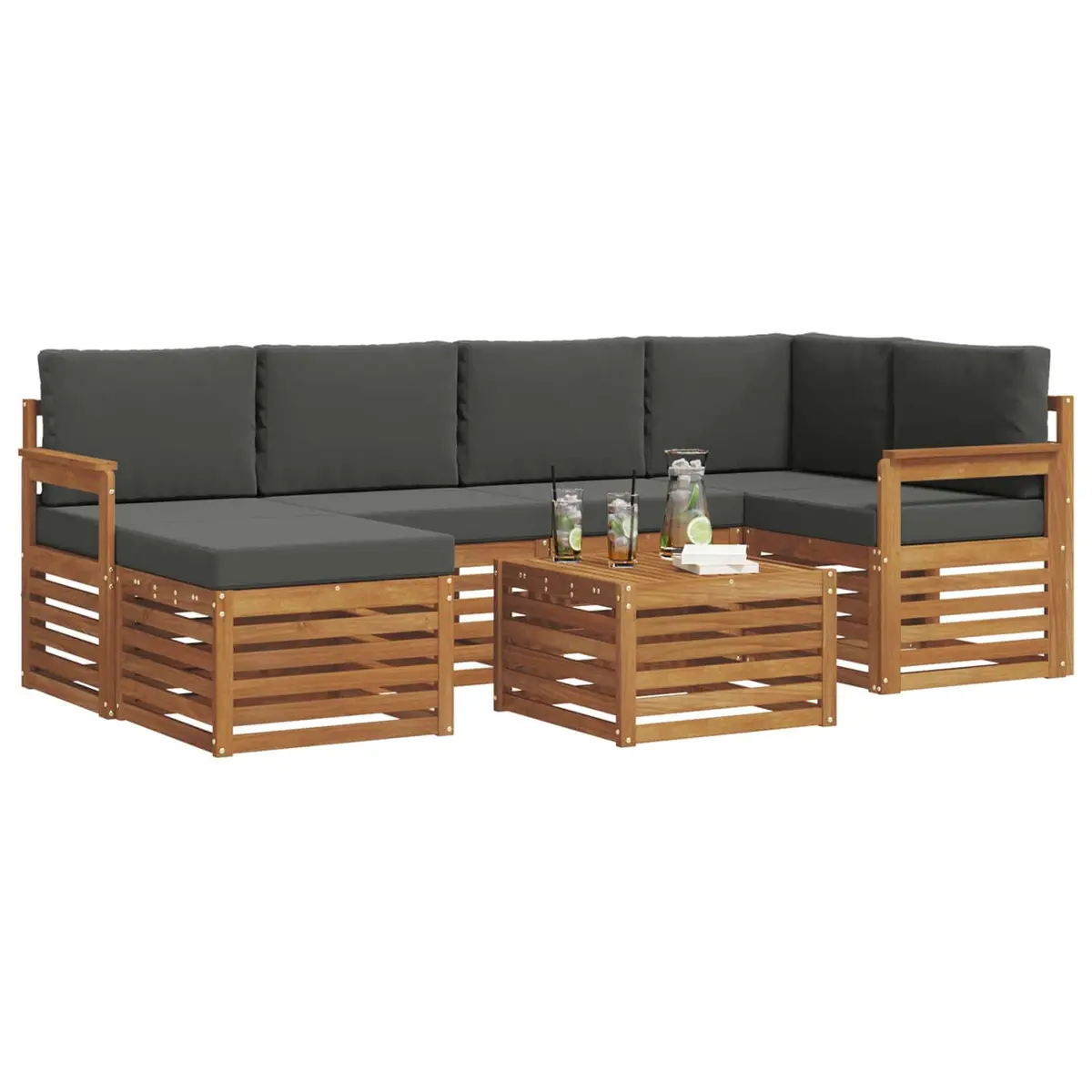 Sectional Sofa Set Solid Acacia Wood 7 Pieces Outdoor Garden Furniture Natural Anthracite