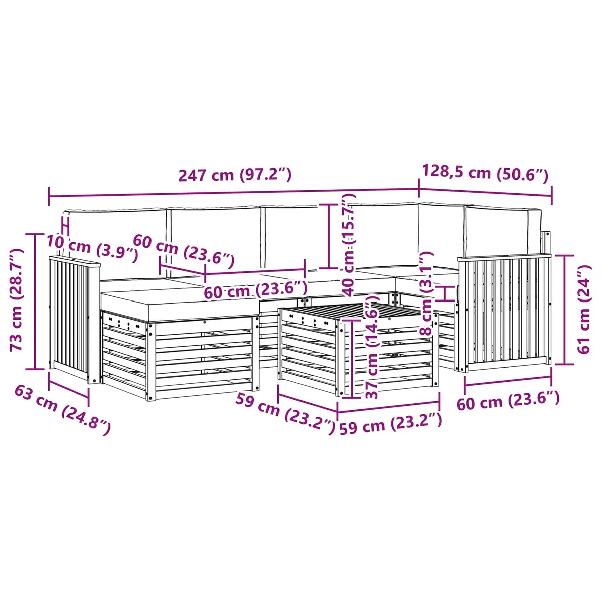 Sectional Sofa Set 7 Pieces Outdoor Garden Furniture Modular Lounge with