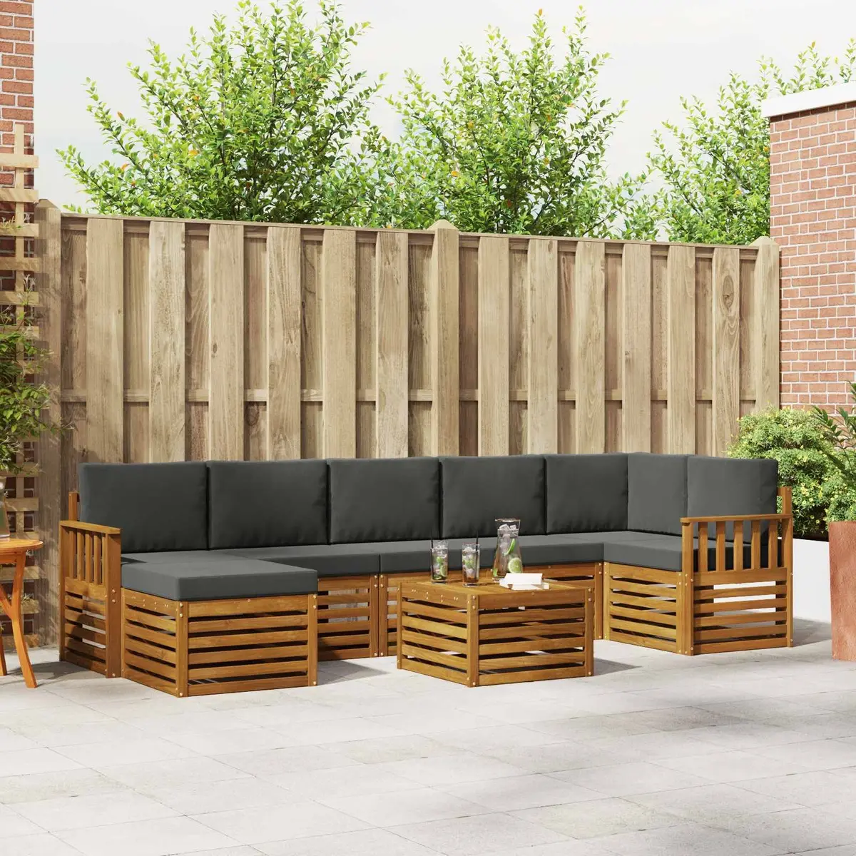 Outdoor Sofa Set Solid Acacia Wood 8 Pieces Natural Anthracite Brown