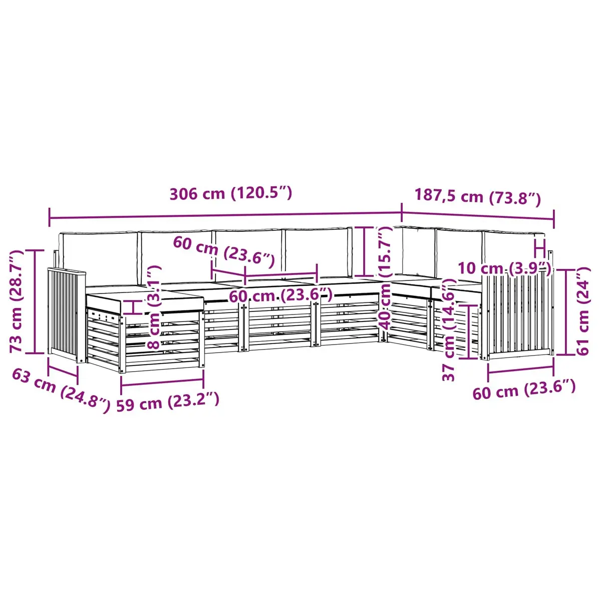 8-Piece Modular Outdoor Sofa Set in Solid Acacia Wood