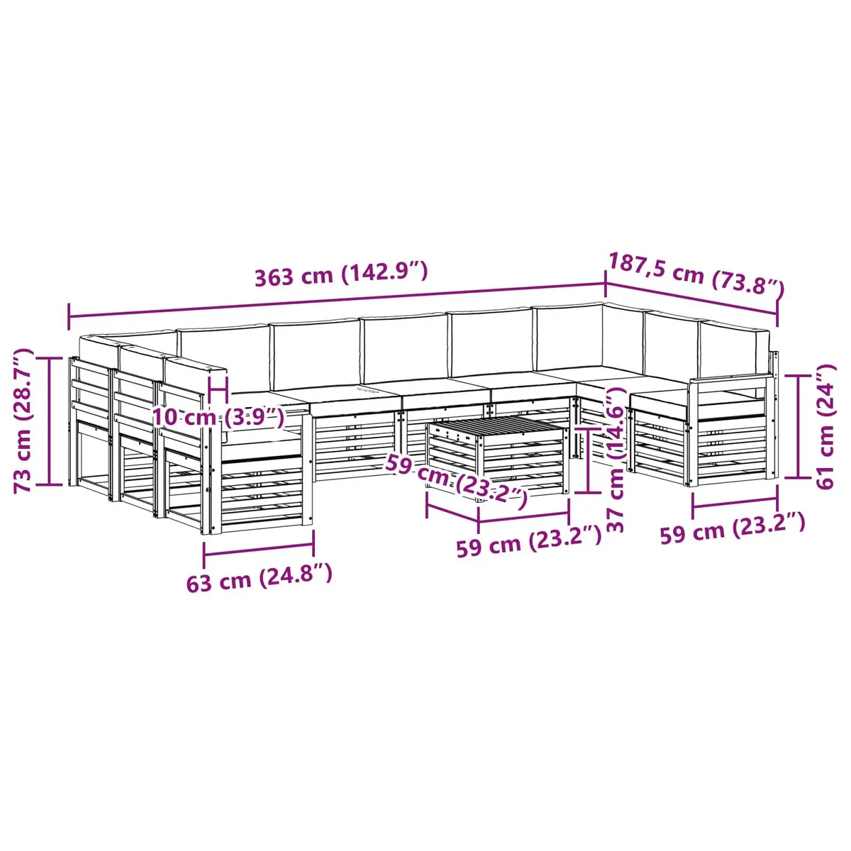 Outdoor Sofa Set 11 Pieces Modular Garden Furniture Acacia Wood Cushion Terrace