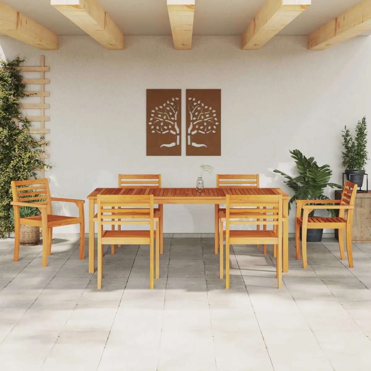 Garden Dining Set Solid Acacia Wood 7 Piece Brown Outdoor Furniture Patio Table