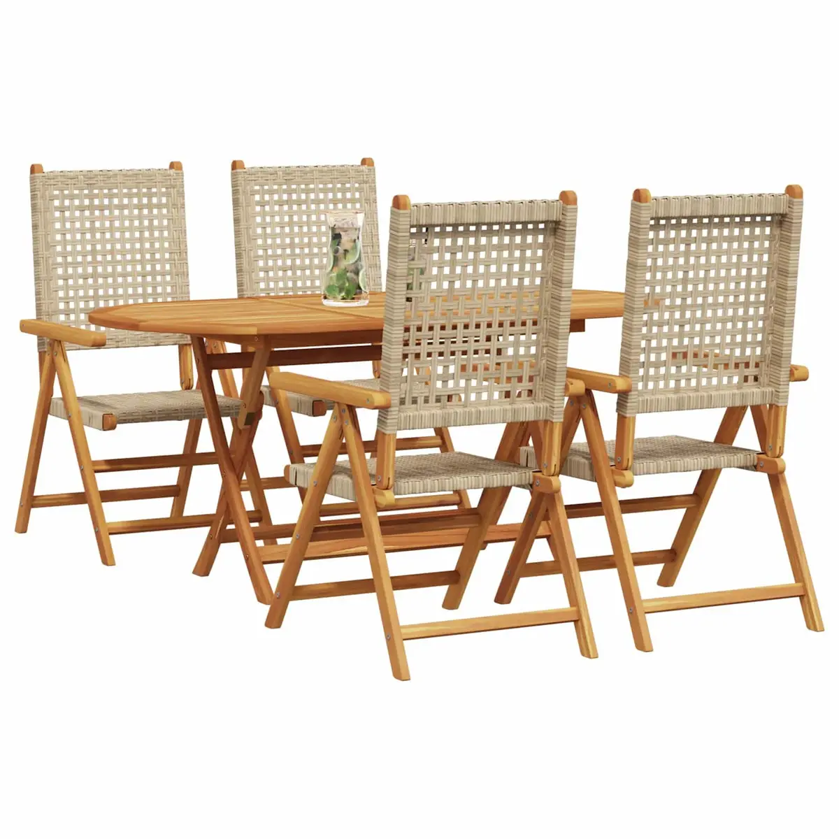 Garden Dining Set Acacia Wood Poly Rattan 5 Pieces Outdoor Furniture Beige