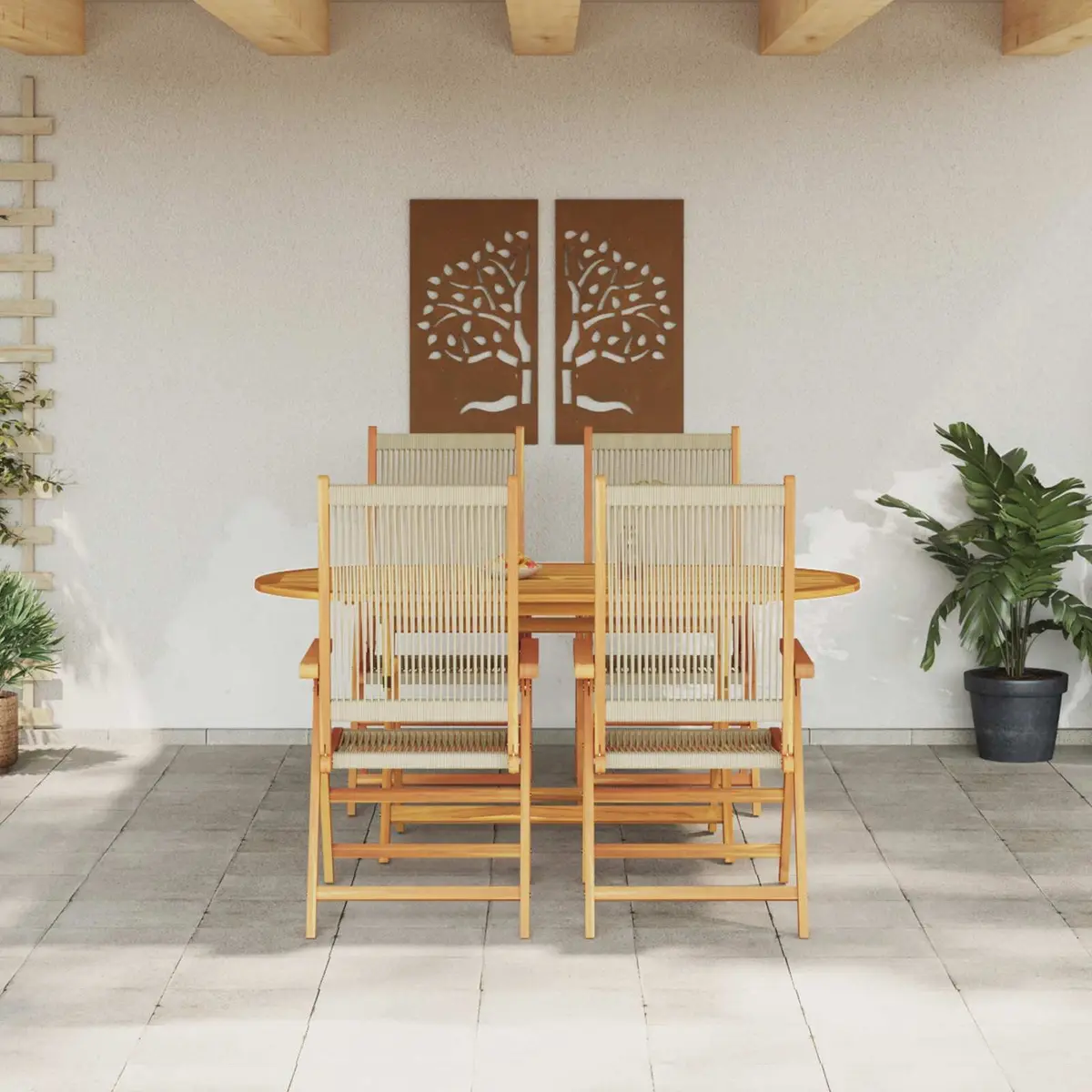 Folding Garden Dining Set Acacia Wood 5 Piece Outdoor Furniture Beige