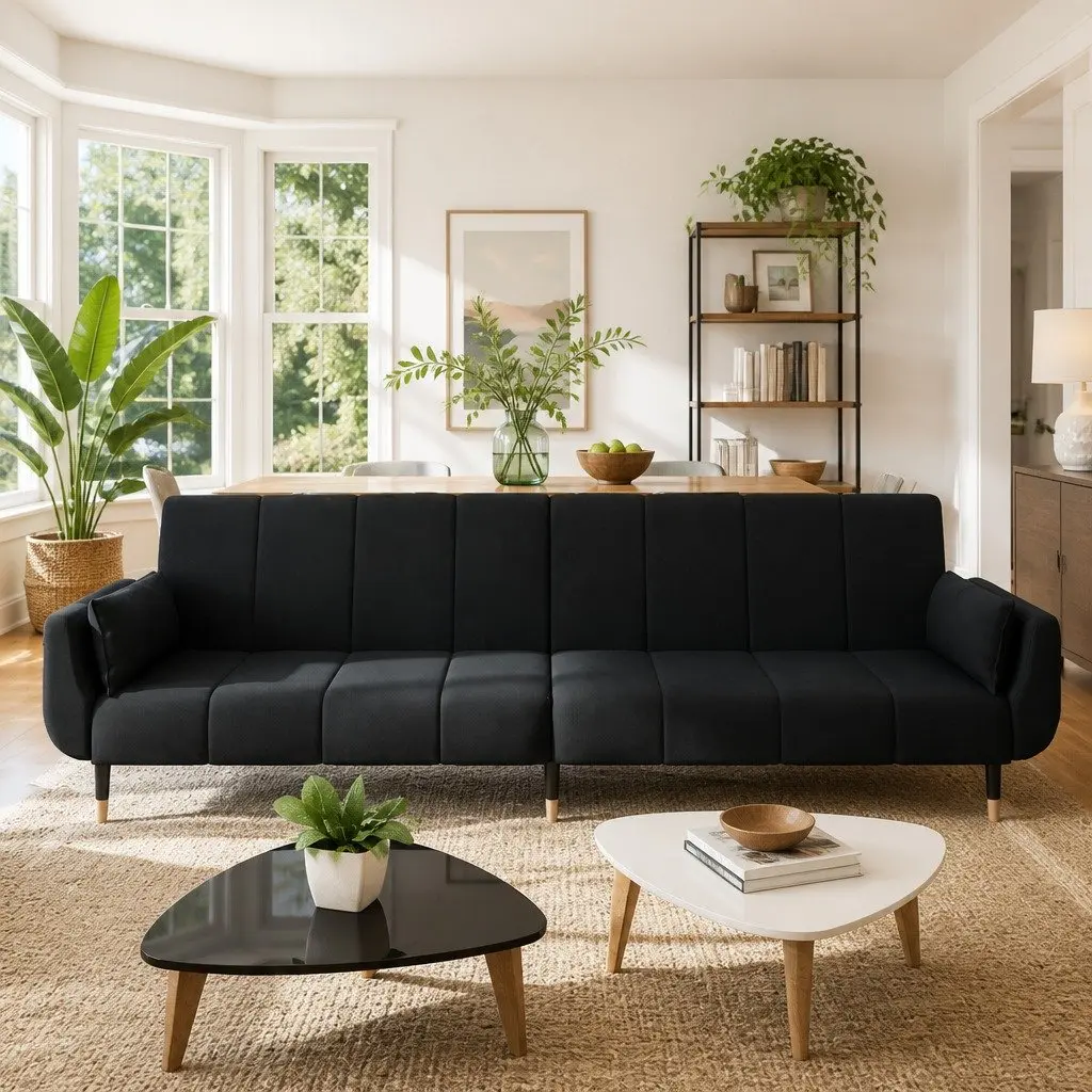 Sofa Bed Velvet Black 2-Seater Convertible Lounger with Adjustable Backrest and Pillows