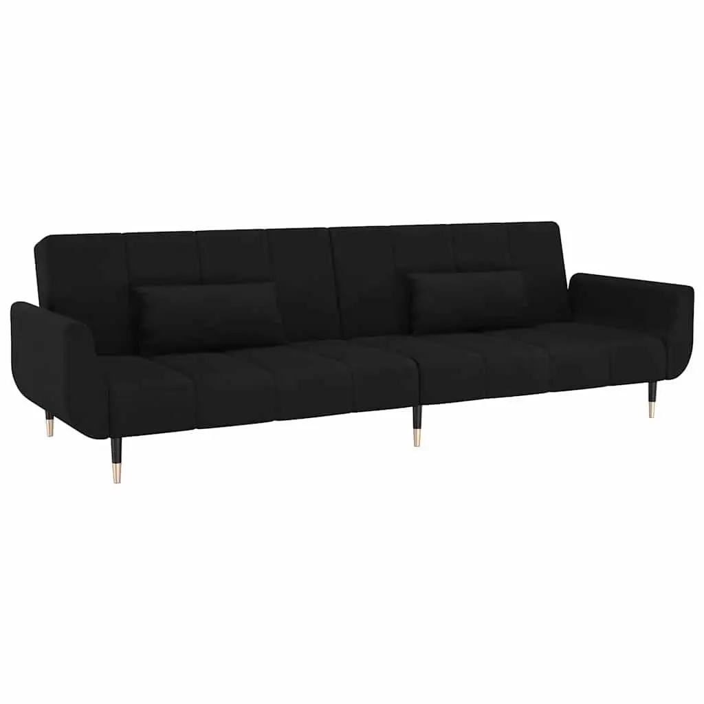 Sofa Bed Velvet Black 2-Seater Convertible Lounger with Adjustable Backrest and Pillows
