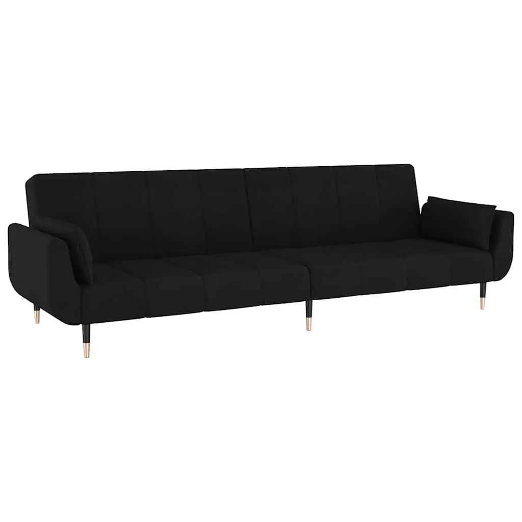 Sofa Bed Velvet Black 2-Seater Convertible Lounger with Adjustable Backrest and Pillows
