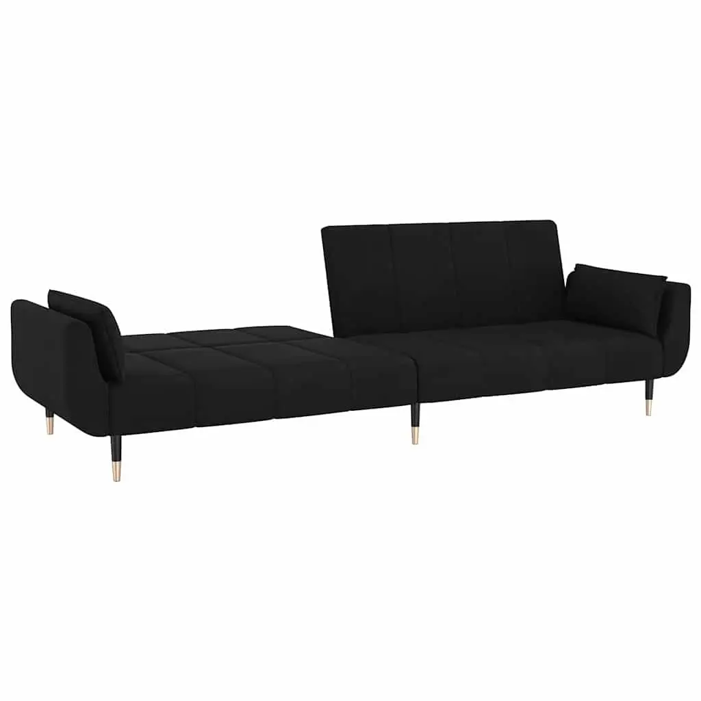 Sofa Bed Velvet Black 2-Seater Convertible Lounger with Adjustable Backrest and Pillows