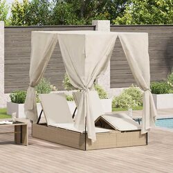 Double Sun Lounger Outdoor Bed with Roof Curtains Adjustable Backrest Garden