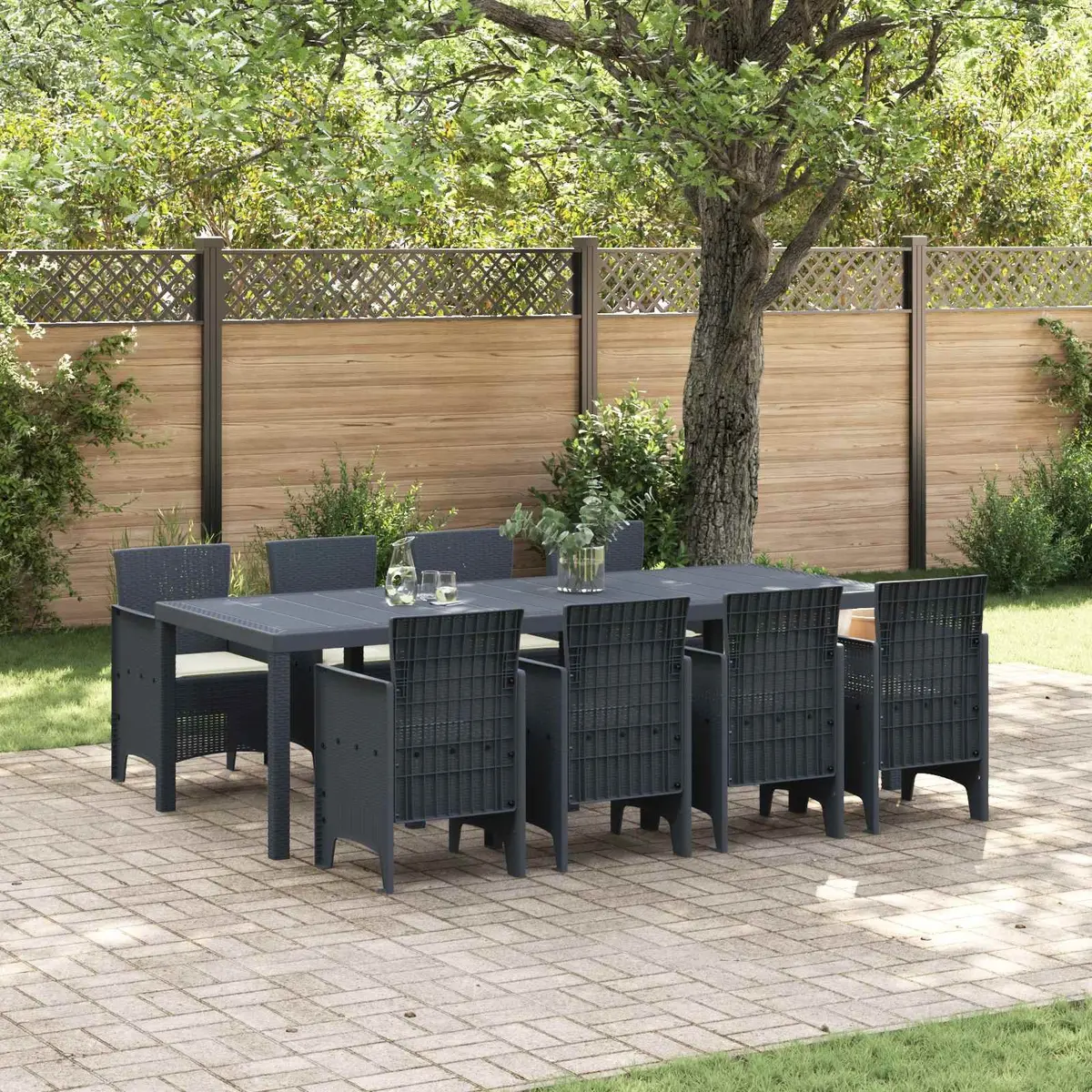 Garden Dining Set Poly Rattan 9 Pieces Rectangular Table Anthracite