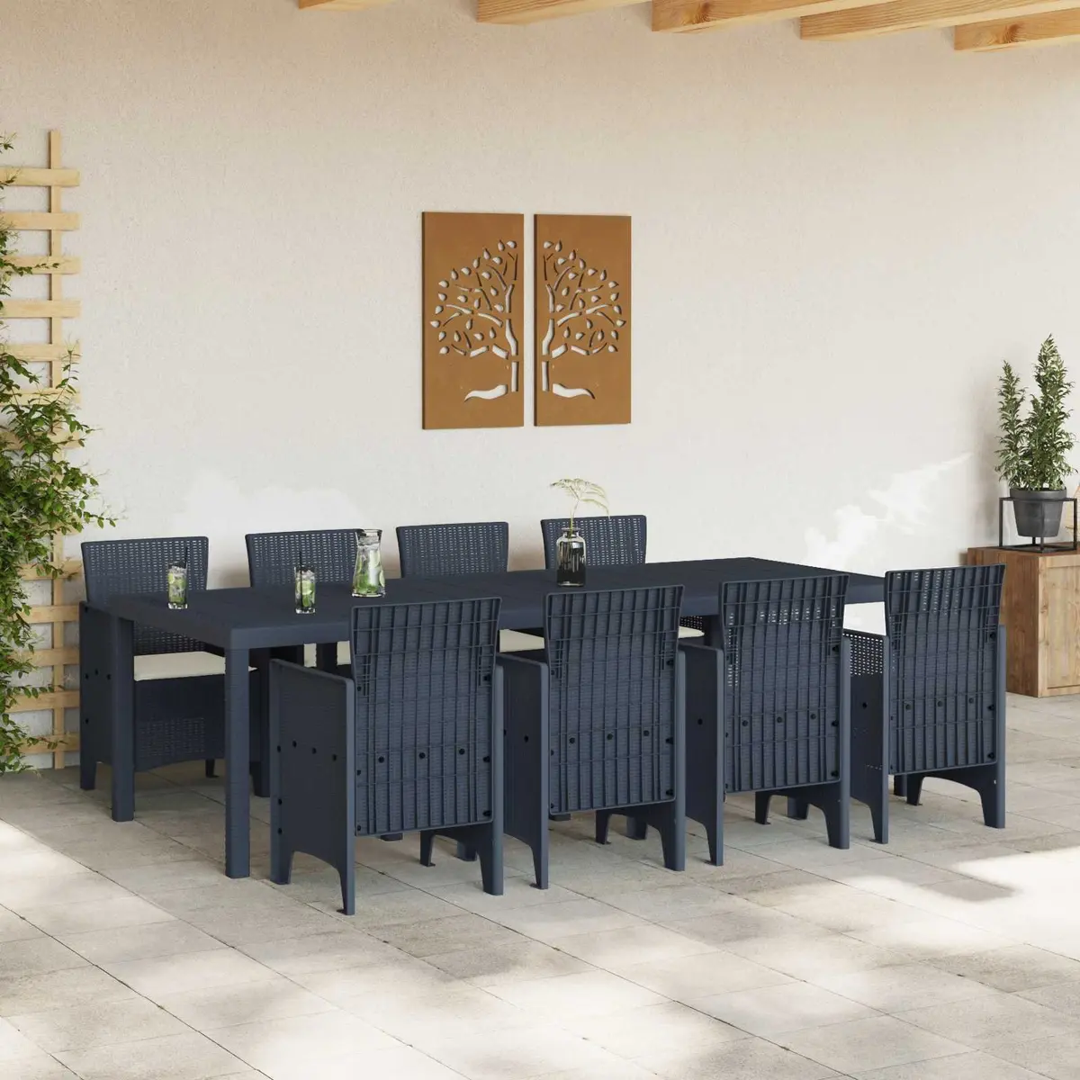 Garden Dining Set Poly Rattan 9 Pieces Rectangular Table Anthracite