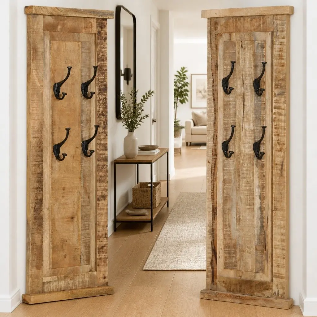 Coat Racks Solid Mango Wood 38 x 100 cm Brown 2 Pieces Wall-Mounted Retro Hooks