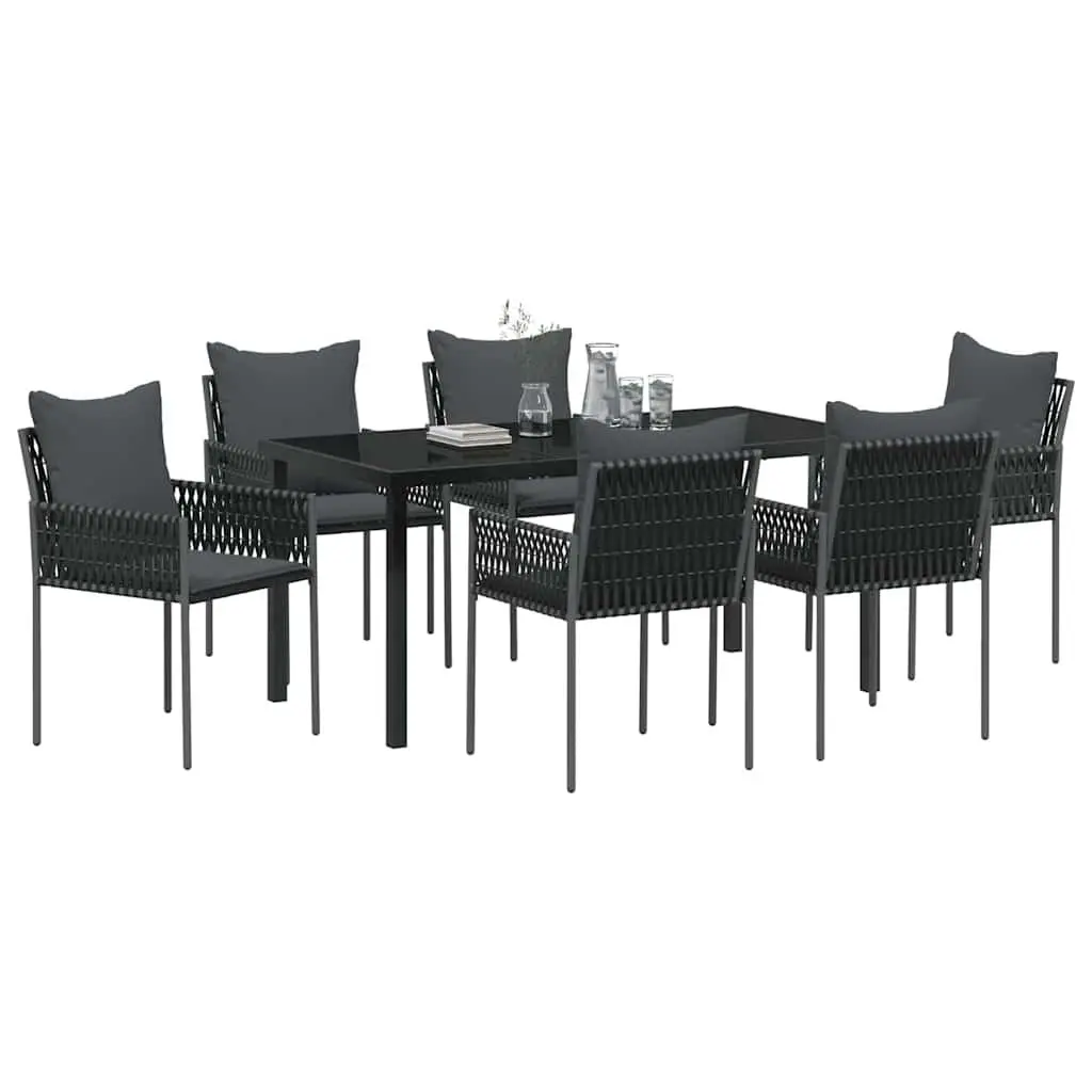 Garden Dining Set Poly Rattan Powder Coated Steel 7 Piece Black Grey