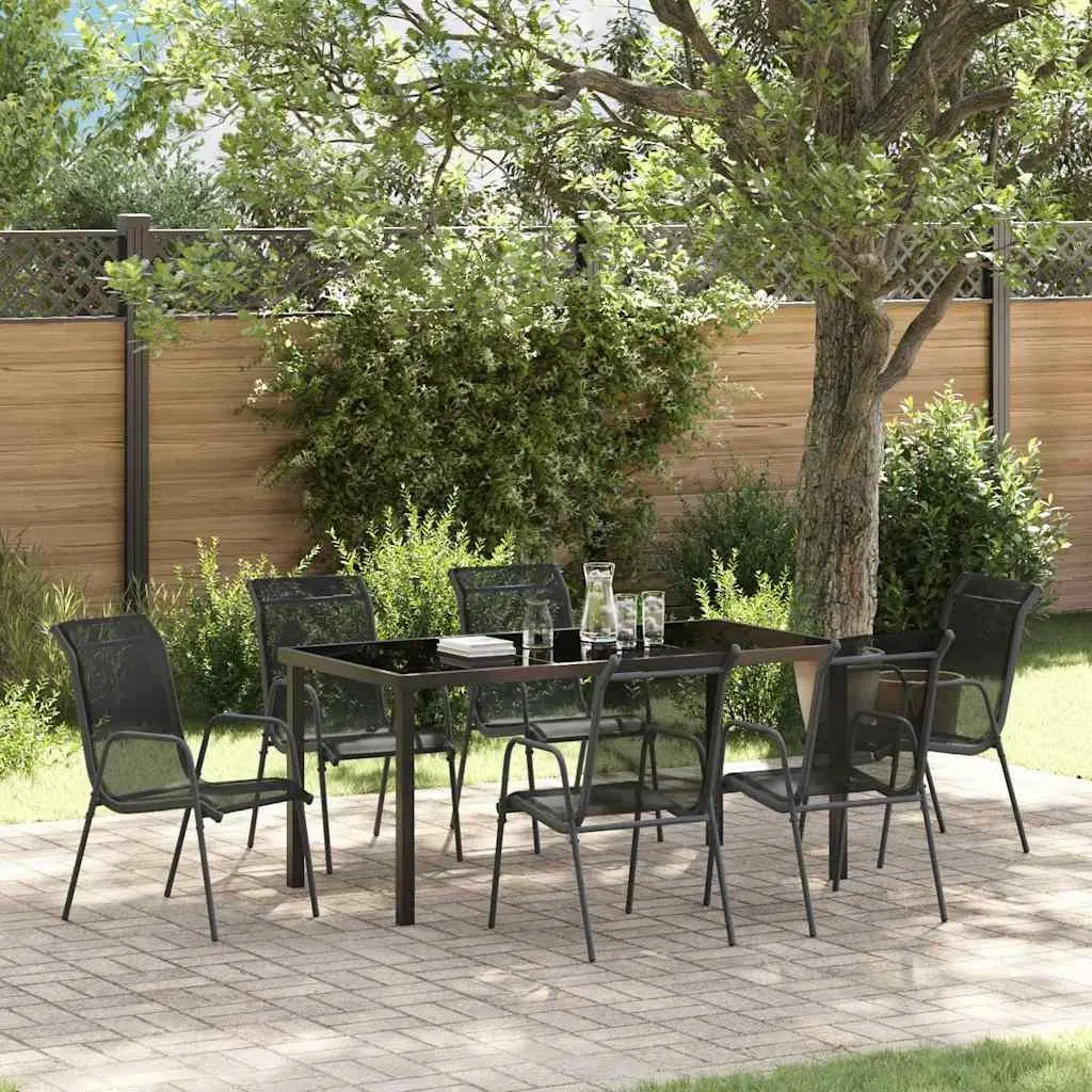 Garden Dining Set Black Steel Frame 7 Piece Outdoor Furniture Mesh Seats