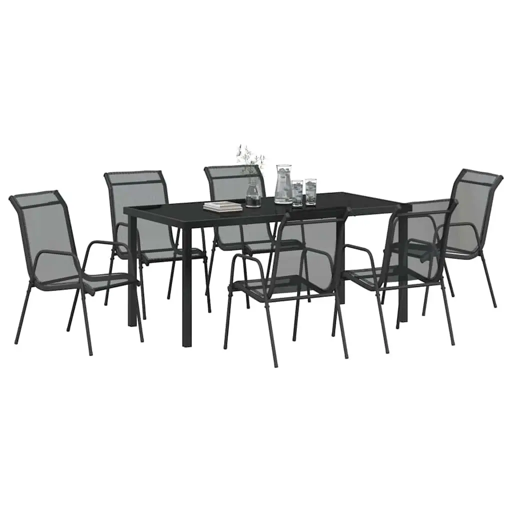 Garden Dining Set Black Steel Frame 7 Piece Outdoor Furniture Mesh Seats