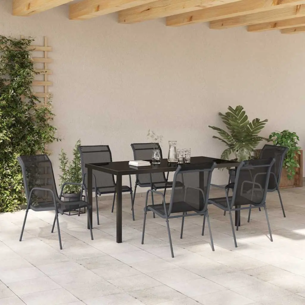 Garden Dining Set Black Steel Frame 7 Piece Outdoor Furniture Mesh Seats