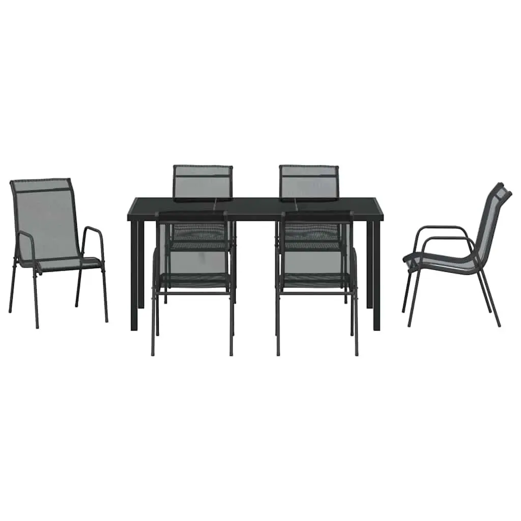 Garden Dining Set Black Steel Frame 7 Piece Outdoor Furniture Mesh Seats
