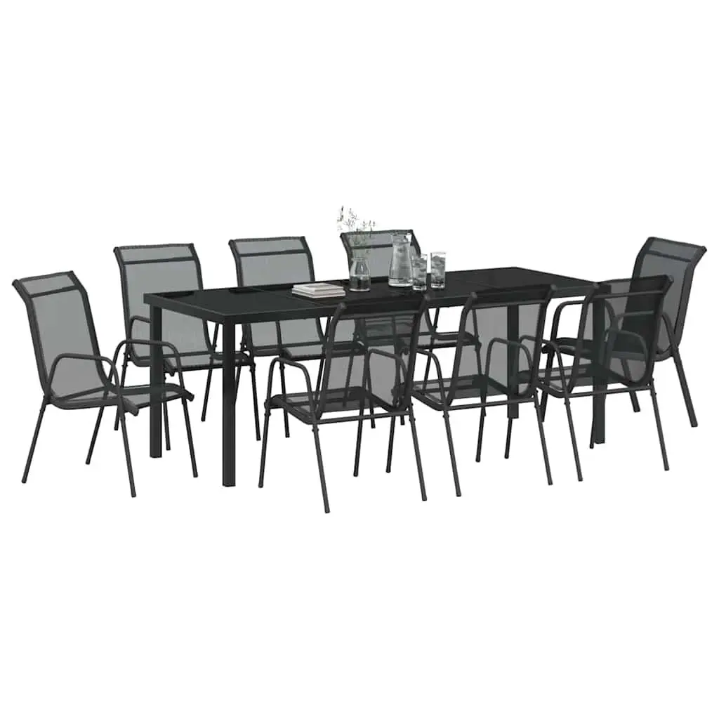 9-Piece Garden Dining Set with Black Steel Frame