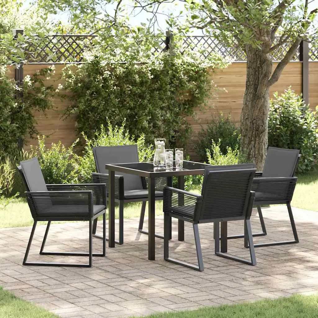 Garden Dining Set Poly Rattan Tempered Glass 5 Pieces Black Steel Frame