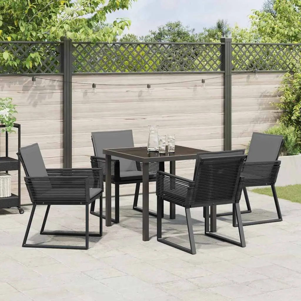 Garden Dining Set Poly Rattan Tempered Glass 5 Pieces Black Steel Frame