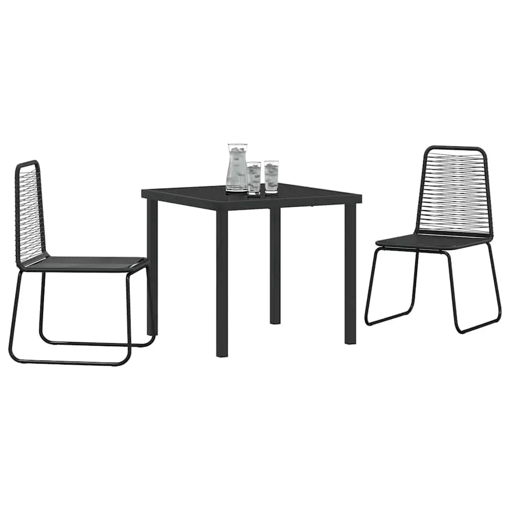 Garden Dining Set Poly Rattan Steel Frame Tempered Glass Top Black 3 Piece