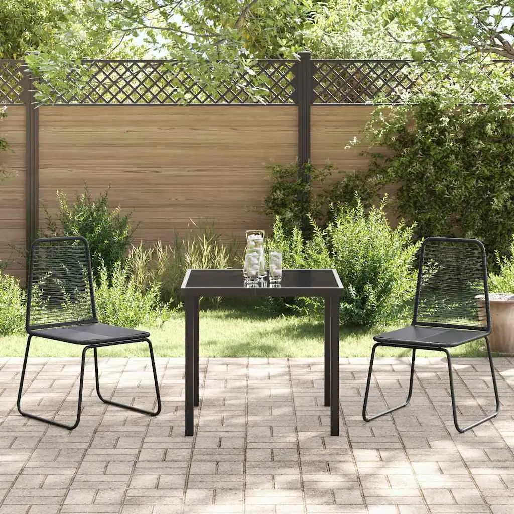 Garden Dining Set Poly Rattan Steel Frame Tempered Glass Top Black 3 Piece