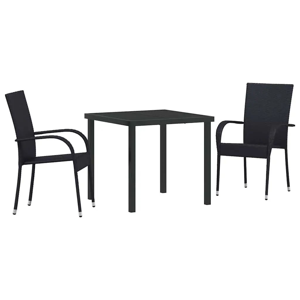 Garden Dining Set Powder-Coated Steel Frame Quick-Drying Poly Rattan 3 Pieces Black