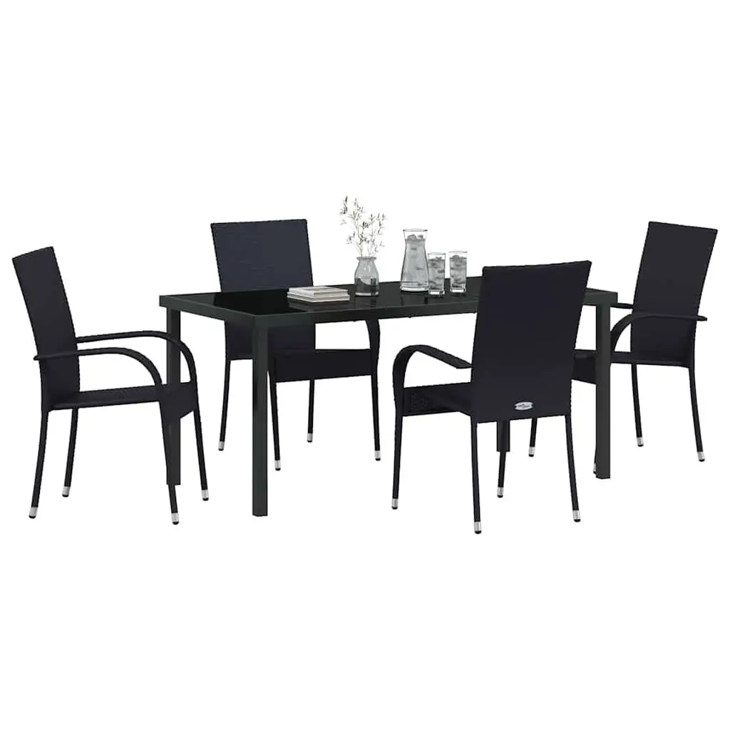 Garden Dining Set Powder-Coated Steel 5 Pieces Rectangular Black Poly Rattan