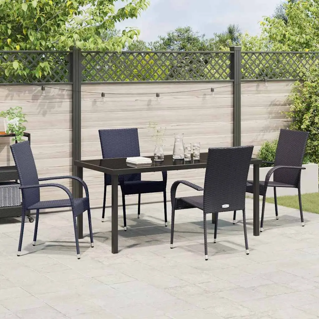 Garden Dining Set Powder-Coated Steel 5 Pieces Rectangular Black Poly Rattan