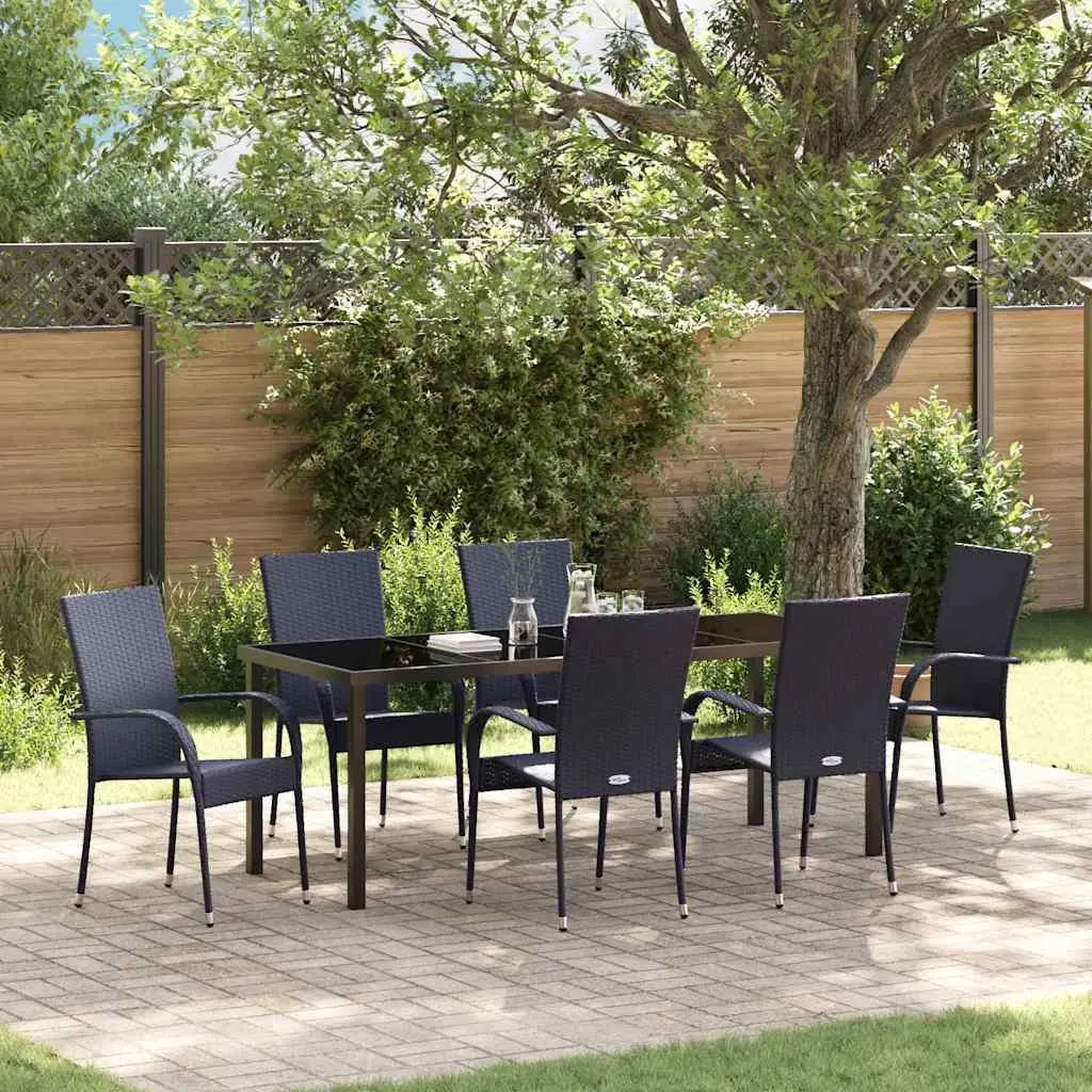 Outdoor Dining Set Poly Rattan 7 Piece Rectangular Black Steel Frame