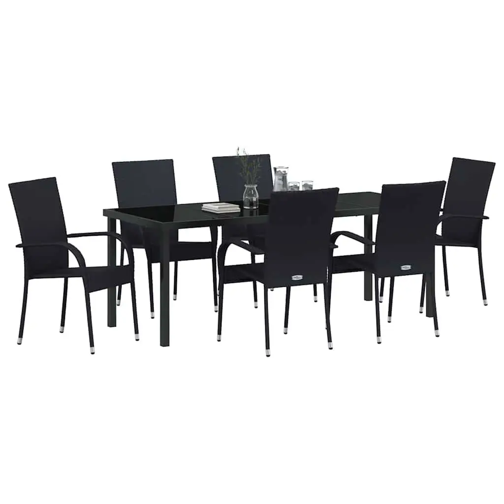 Outdoor Dining Set Poly Rattan 7 Piece Rectangular Black Steel Frame