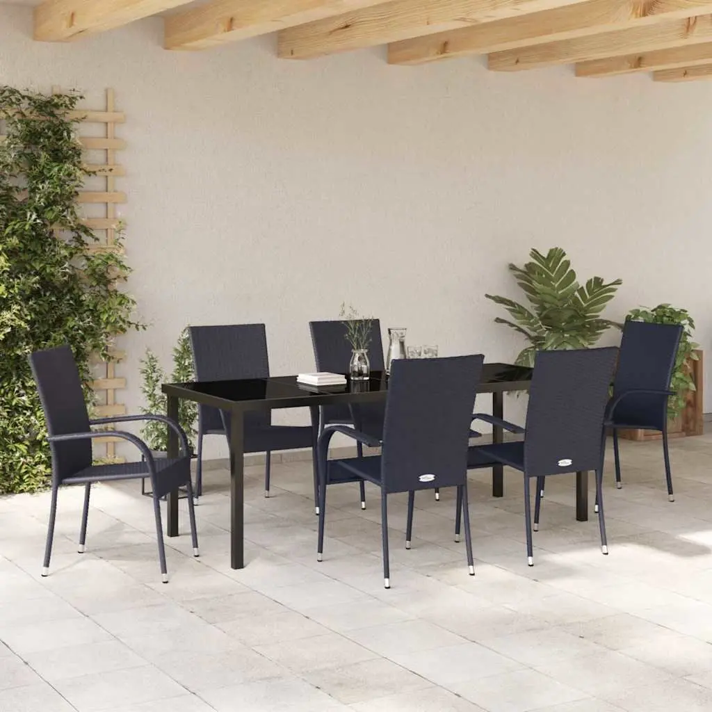 Outdoor Dining Set Poly Rattan 7 Piece Rectangular Black Steel Frame