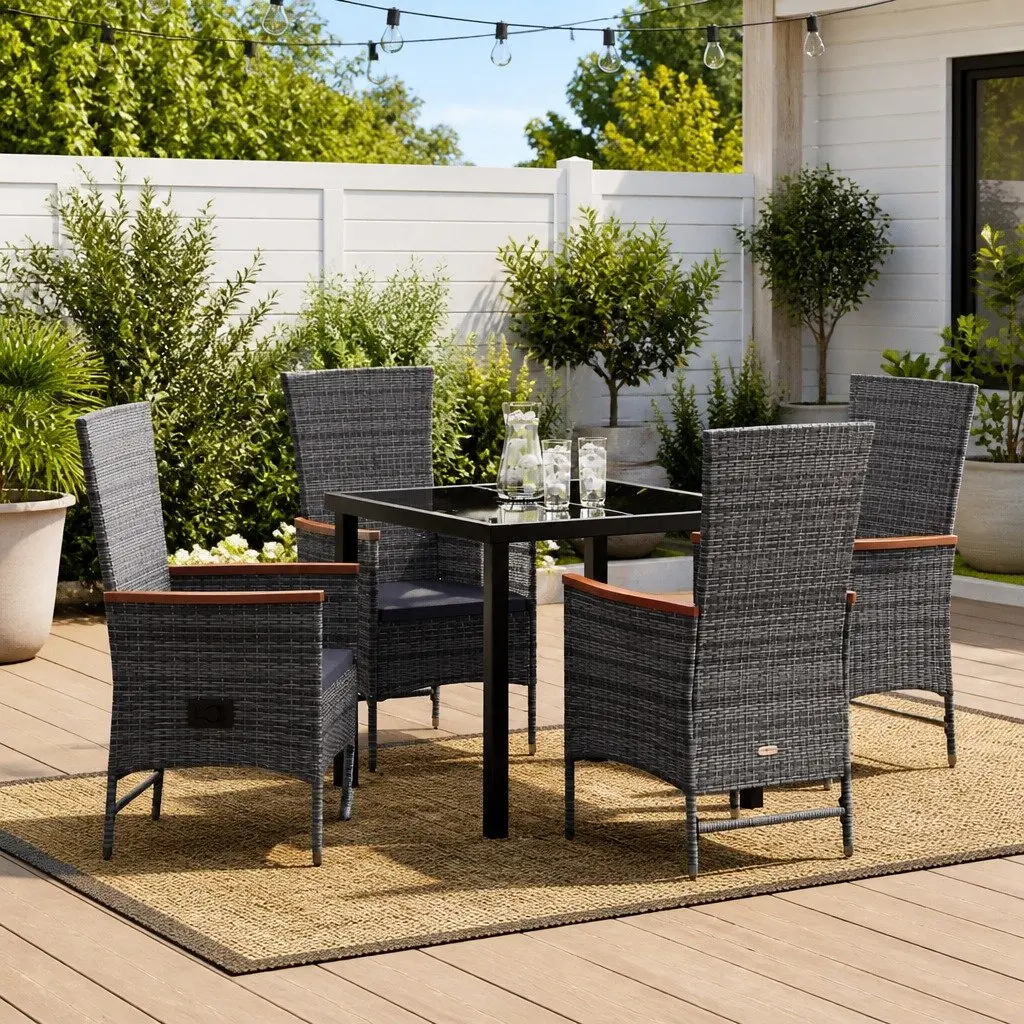Garden Dining Set Steel Frame Tempered Glass Top Poly Rattan Chairs Grey 5 Piece
