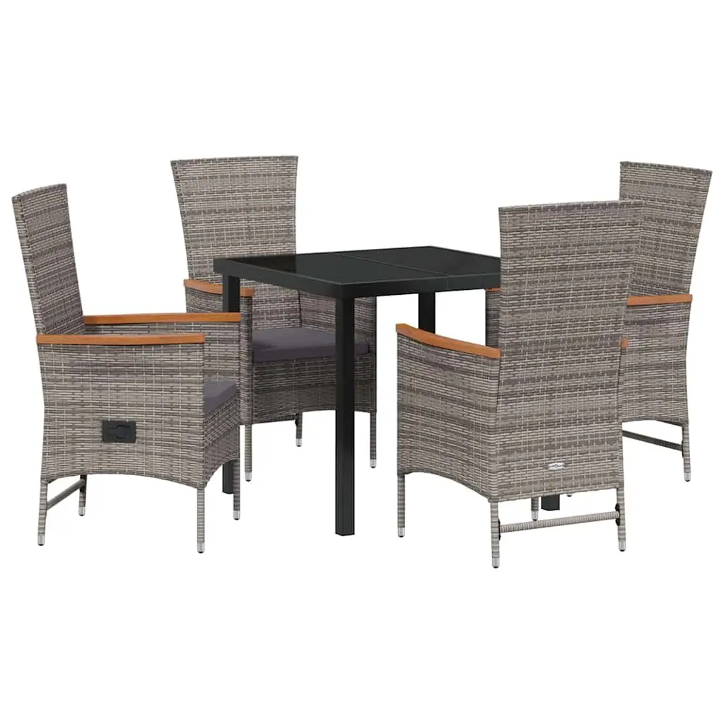 Garden Dining Set Steel Frame Tempered Glass Top Poly Rattan Chairs Grey 5 Piece