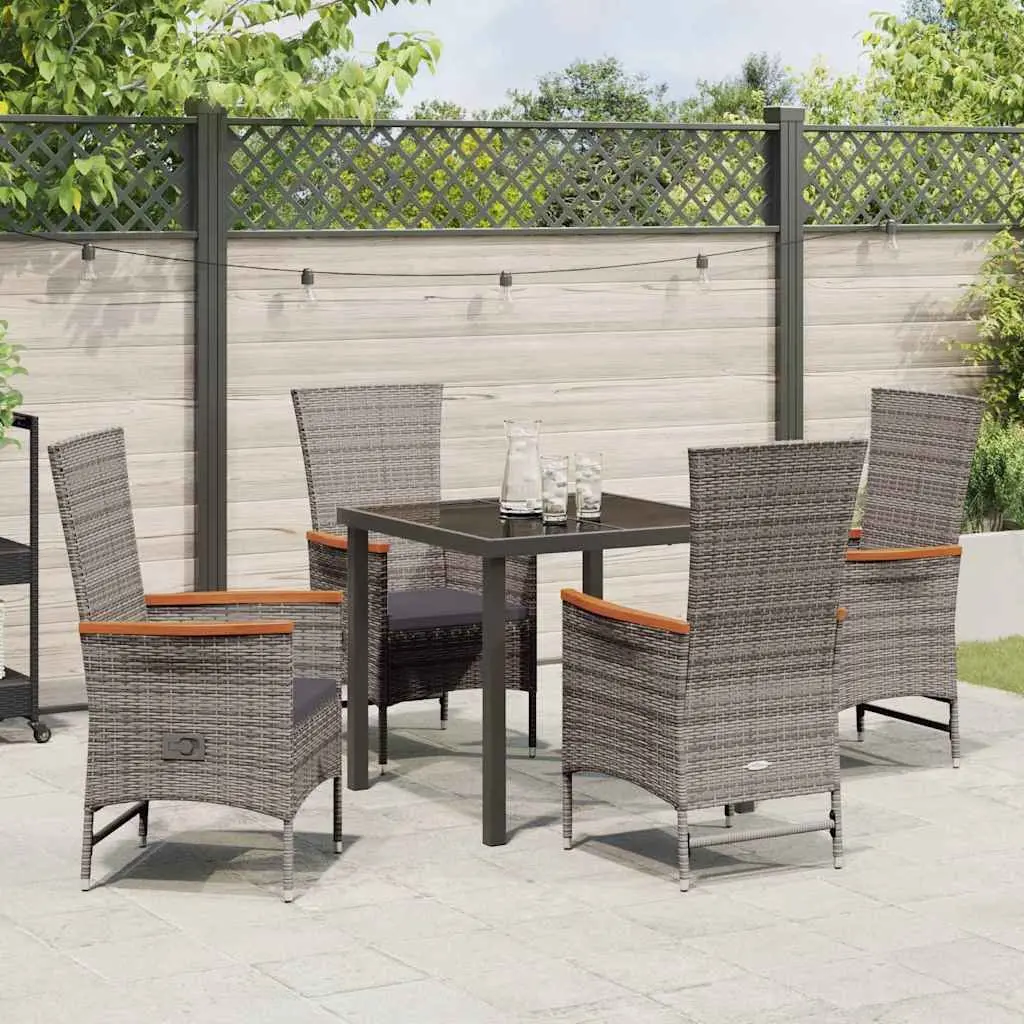 Garden Dining Set Steel Frame Tempered Glass Top Poly Rattan Chairs Grey 5 Piece