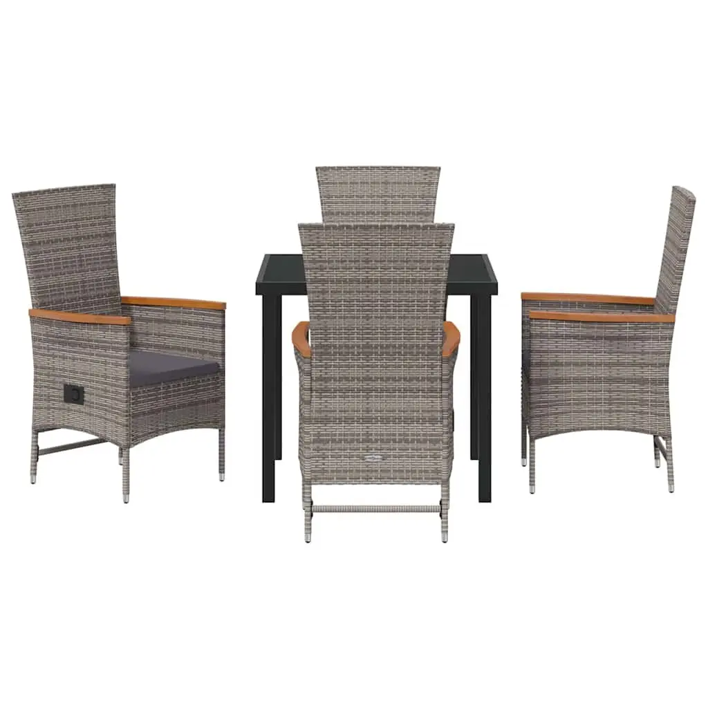 Garden Dining Set Steel Frame Tempered Glass Top Poly Rattan Chairs Grey 5 Piece