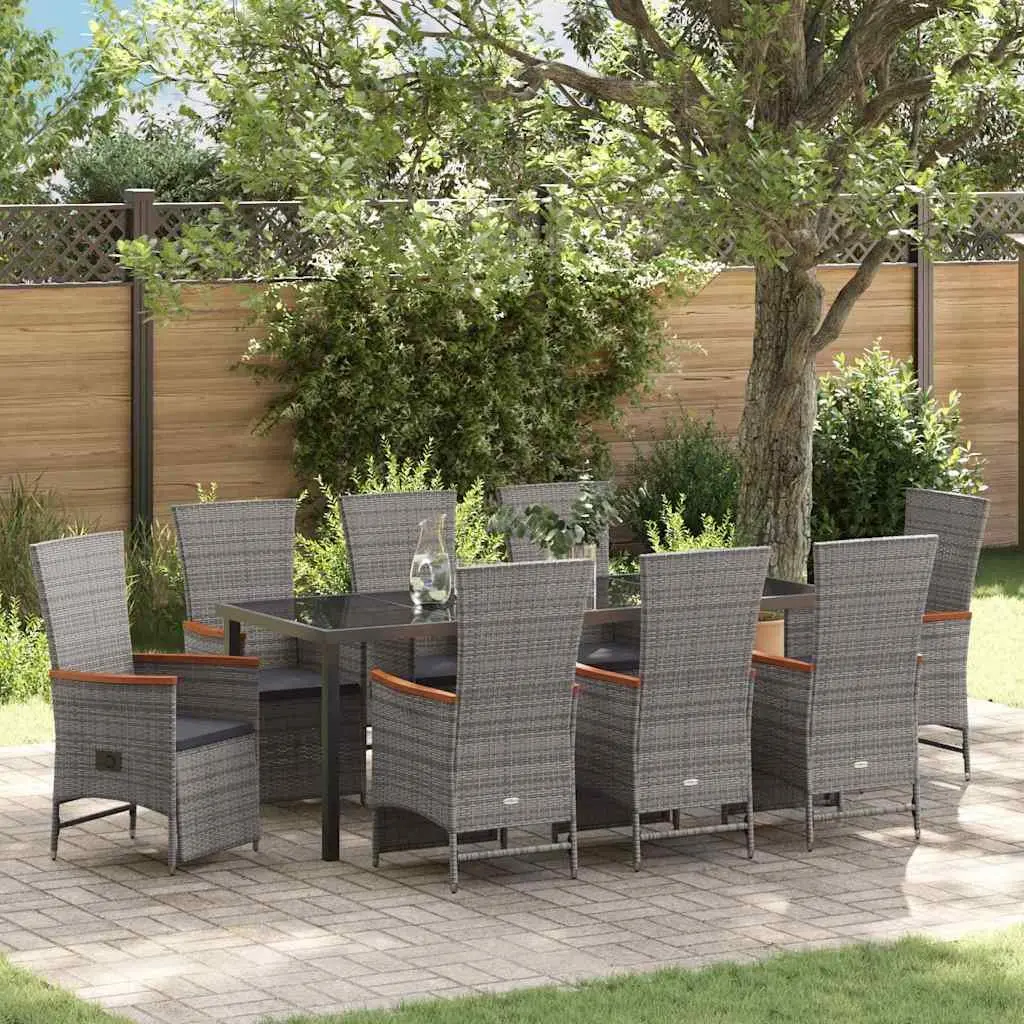 9 Piece Outdoor Dining Set in Grey Poly Rattan