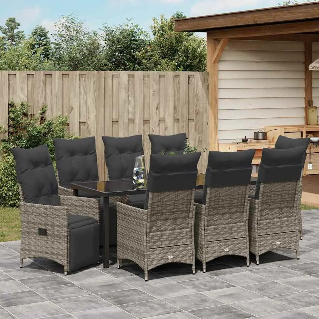 Garden Dining Set 9 Pieces Grey Poly Rattan Outdoor Furniture Patio Table Chairs