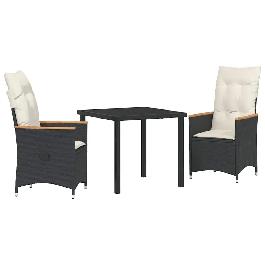 3 Piece Outdoor Dining Set Black Poly Rattan with Cushions Tempered Glass Table