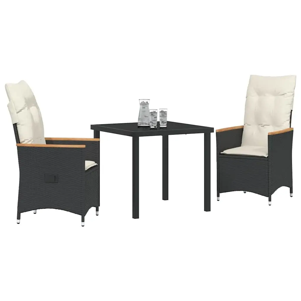 3 Piece Outdoor Dining Set Black Poly Rattan with Cushions Tempered Glass Table