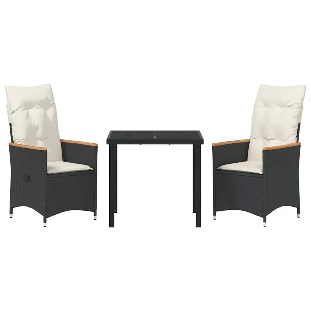3 Piece Outdoor Dining Set Black Poly Rattan with Cushions Tempered Glass Table