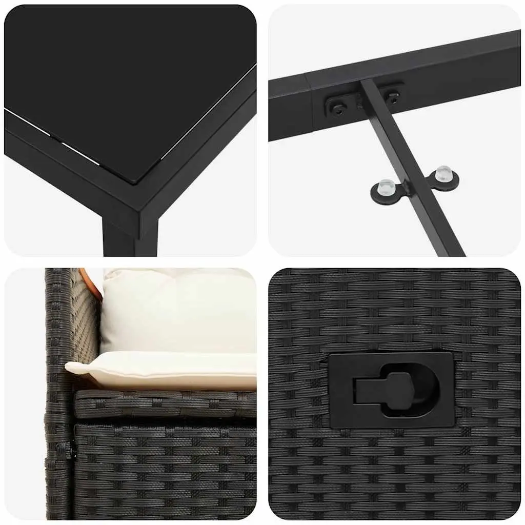 3 Piece Outdoor Dining Set Black Poly Rattan with Cushions Tempered Glass Table