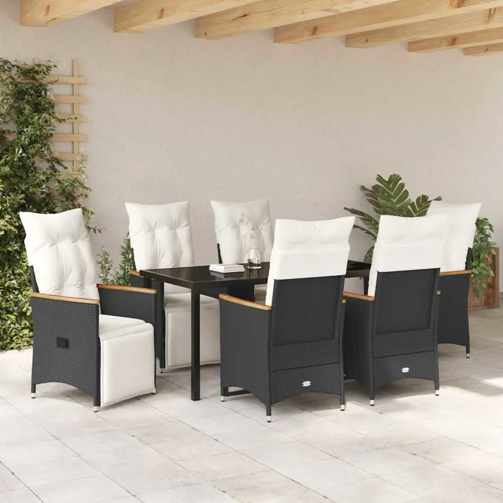 7 Piece Outdoor Dining Set Black Poly Rattan Garden Furniture with Cushions