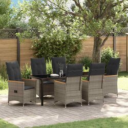 7-Piece Grey Poly Rattan Garden Dining Set with Glass Top