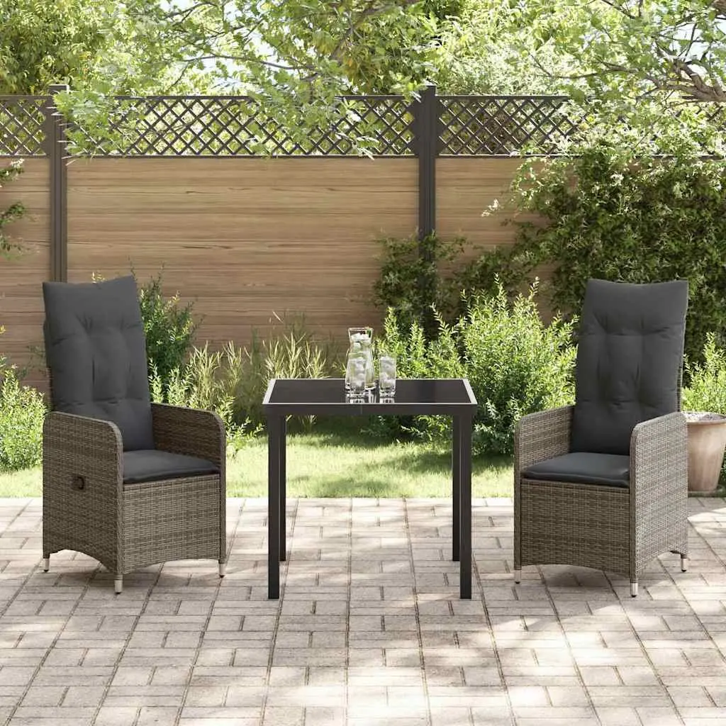 Garden Dining Set Powder-coated Steel Tempered Glass Grey Rattan 3 Piece
