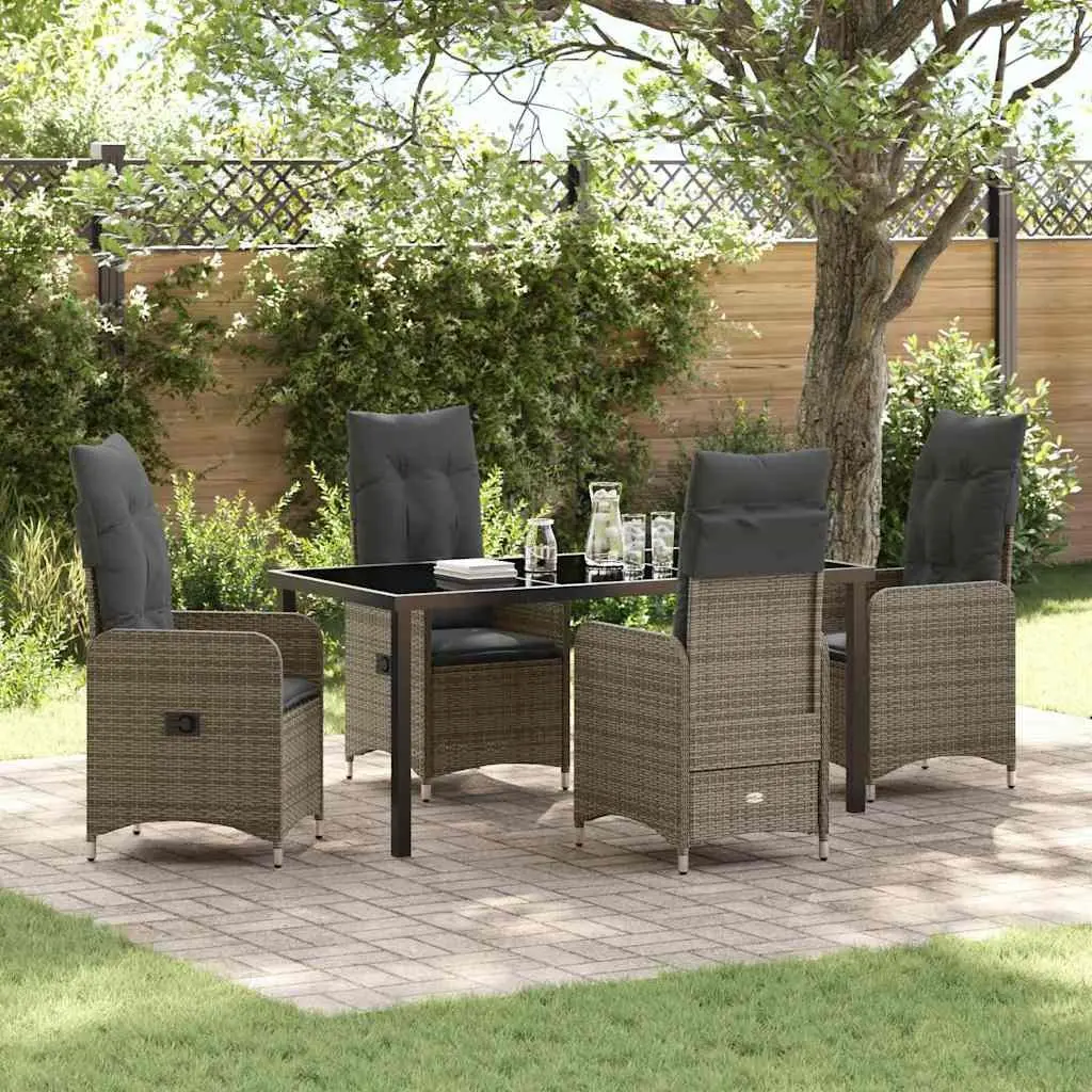 Outdoor Dining Set Poly Rattan 5 Piece Grey Steel Frame Tempered Glass Table with Cushions